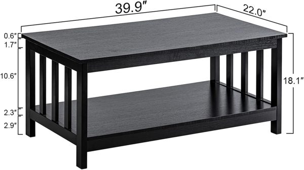 ChooChoo Mission Coffee Table, Black Wood Living Room Table with Shelf, 40 Black - Image 2