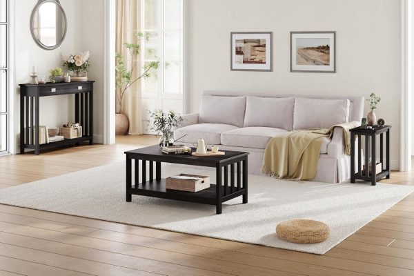 ChooChoo Mission Coffee Table, Black Wood Living Room Table with Shelf, 40 Black - Image 3