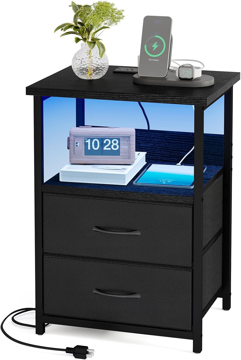 Fixwal Night Stand with Charging Station, LED Nightstand with U-S-B Ports and Outlets, 3 Fabric Storage Drawers with PU Finish, Bedside Table, Black