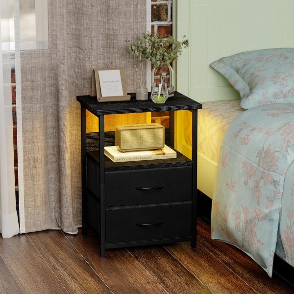 Fixwal Night Stand with Charging Station, LED Nightstand with U-S-B Ports and Outlets, 3 Fabric Storage Drawers with PU Finish, Bedside Table, Black - Image 2