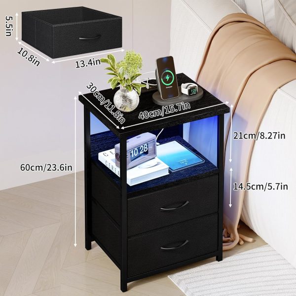 Fixwal Night Stand with Charging Station, LED Nightstand with U-S-B Ports and Outlets, 3 Fabric Storage Drawers with PU Finish, Bedside Table, Black - Image 3