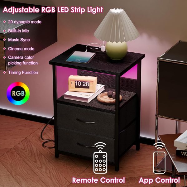 Fixwal Night Stand with Charging Station, LED Nightstand with U-S-B Ports and Outlets, 3 Fabric Storage Drawers with PU Finish, Bedside Table, Black - Image 4