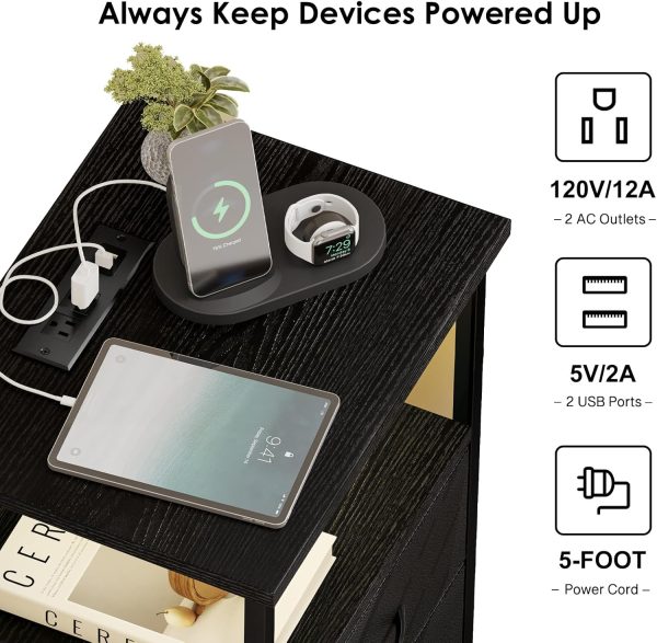 Fixwal Night Stand with Charging Station, LED Nightstand with U-S-B Ports and Outlets, 3 Fabric Storage Drawers with PU Finish, Bedside Table, Black - Image 5