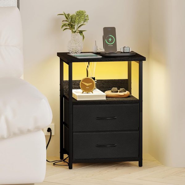 Fixwal Night Stand with Charging Station, LED Nightstand with U-S-B Ports and Outlets, 3 Fabric Storage Drawers with PU Finish, Bedside Table, Black - Image 6