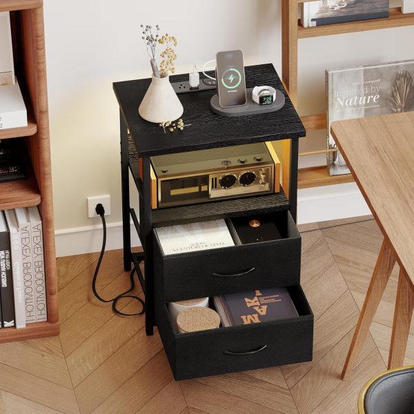 Fixwal Night Stand with Charging Station, LED Nightstand with U-S-B Ports and Outlets, 3 Fabric Storage Drawers with PU Finish, Bedside Table, Black - Image 7