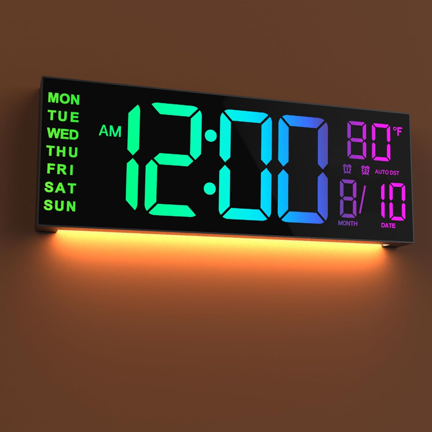 JALL 16" Large Digital Wall Clock with Remote Control, Dual Alarm with Big LED Screen Dispaly, 8 RGB Colors, Auto DST, Temperature for Living Room, Bedroom, Desk Decor, Mounted, Gift for Elderly