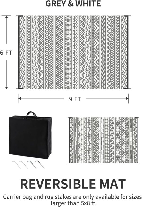 MontVoo-Outdoor Rug Carpet Waterproof 6x9 ft Reversible Patio Rug RV Camping Rug-Plastic Straw Rug Outside Indoor Outdoor Area Rug for Patio Deck Balcony Picnic Beach Outdoor Decor Boho Grey - Image 2