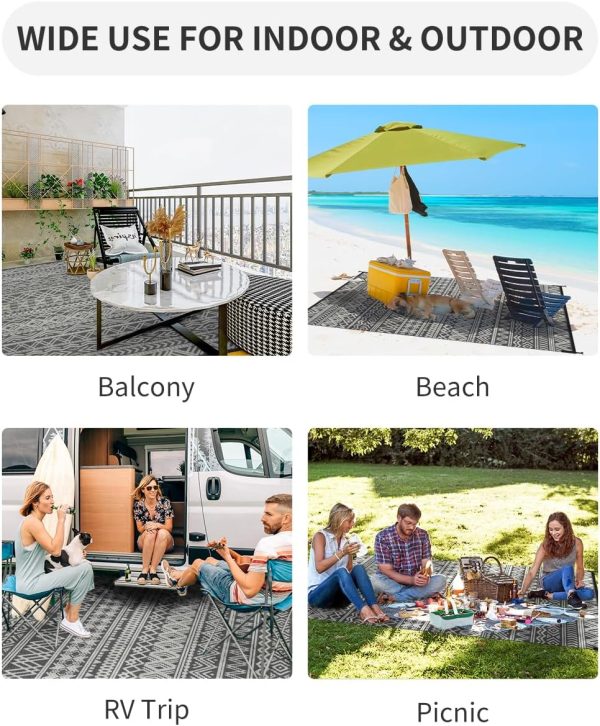 MontVoo-Outdoor Rug Carpet Waterproof 6x9 ft Reversible Patio Rug RV Camping Rug-Plastic Straw Rug Outside Indoor Outdoor Area Rug for Patio Deck Balcony Picnic Beach Outdoor Decor Boho Grey - Image 3