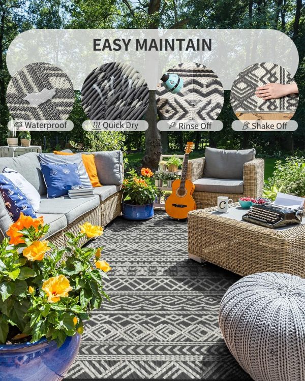 MontVoo-Outdoor Rug Carpet Waterproof 6x9 ft Reversible Patio Rug RV Camping Rug-Plastic Straw Rug Outside Indoor Outdoor Area Rug for Patio Deck Balcony Picnic Beach Outdoor Decor Boho Grey - Image 4