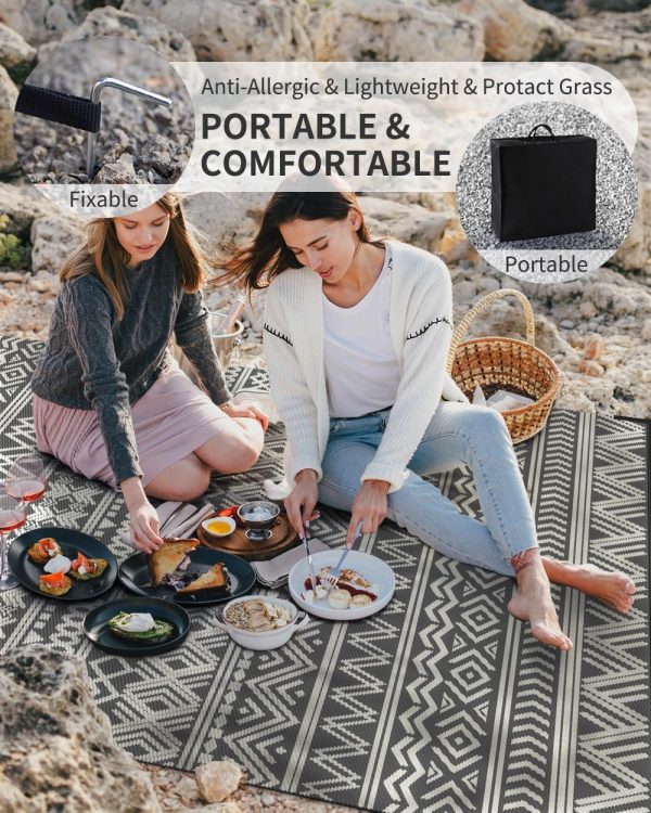 MontVoo-Outdoor Rug Carpet Waterproof 6x9 ft Reversible Patio Rug RV Camping Rug-Plastic Straw Rug Outside Indoor Outdoor Area Rug for Patio Deck Balcony Picnic Beach Outdoor Decor Boho Grey - Image 7