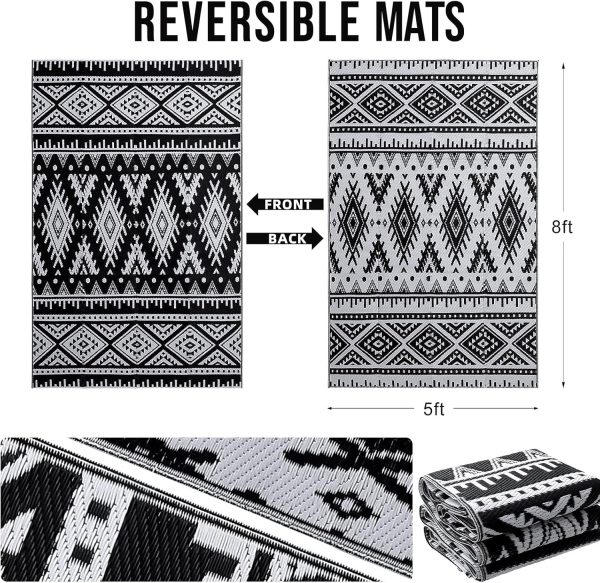OLANLY Outdoor Rug Waterproof 5x8 ft, Reversible Outdoor Plastic Straw Rug, Boho Patio Rug, Indoor Outdoor Carpet, RV Mat Outside for Patio, Camp, Picnic, Balcony, Deck, Backyard, Black & White - Image 2