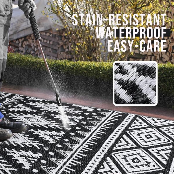 OLANLY Outdoor Rug Waterproof 5x8 ft, Reversible Outdoor Plastic Straw Rug, Boho Patio Rug, Indoor Outdoor Carpet, RV Mat Outside for Patio, Camp, Picnic, Balcony, Deck, Backyard, Black & White - Image 3