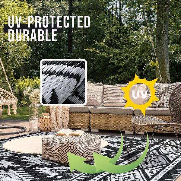 OLANLY Outdoor Rug Waterproof 5x8 ft, Reversible Outdoor Plastic Straw Rug, Boho Patio Rug, Indoor Outdoor Carpet, RV Mat Outside for Patio, Camp, Picnic, Balcony, Deck, Backyard, Black & White - Image 4