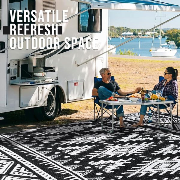 OLANLY Outdoor Rug Waterproof 5x8 ft, Reversible Outdoor Plastic Straw Rug, Boho Patio Rug, Indoor Outdoor Carpet, RV Mat Outside for Patio, Camp, Picnic, Balcony, Deck, Backyard, Black & White - Image 7