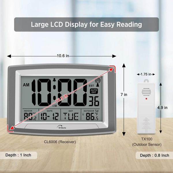 WallarGe Atomic Clock with Outdoor and Indoor Temperature - 12.5 Inch Self-Setting Digital Clock Large Display, Battery Operated Wall Clocks or Desk Clocks for Bedroom, Livingroom, Office - Image 2
