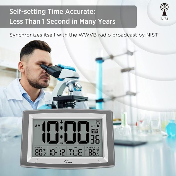 WallarGe Atomic Clock with Outdoor and Indoor Temperature - 12.5 Inch Self-Setting Digital Clock Large Display, Battery Operated Wall Clocks or Desk Clocks for Bedroom, Livingroom, Office - Image 3