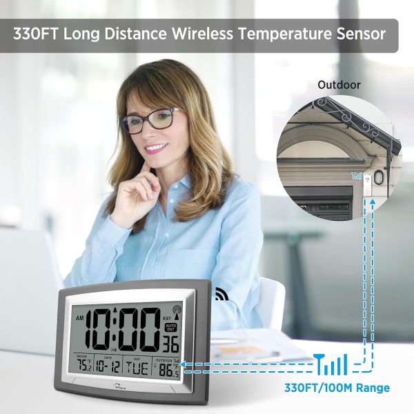 WallarGe Atomic Clock with Outdoor and Indoor Temperature - 12.5 Inch Self-Setting Digital Clock Large Display, Battery Operated Wall Clocks or Desk Clocks for Bedroom, Livingroom, Office - Image 5