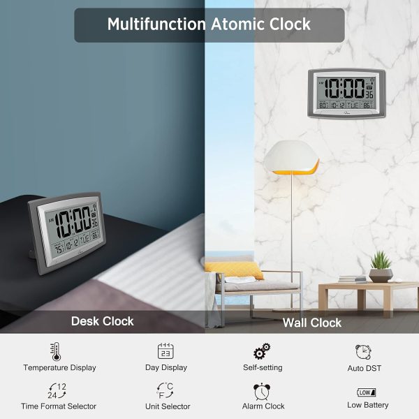 WallarGe Atomic Clock with Outdoor and Indoor Temperature - 12.5 Inch Self-Setting Digital Clock Large Display, Battery Operated Wall Clocks or Desk Clocks for Bedroom, Livingroom, Office - Image 7