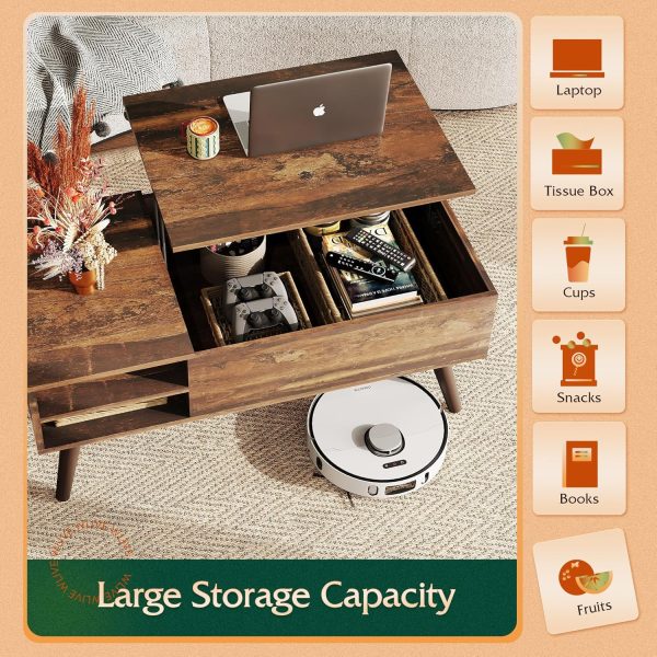 WLIVE Wood Lift Top Coffee Table with Hidden Compartment and Adjustable Storage Shelf, Lift Tabletop Dining Table for Home Living Room, Office, Rustic Oak - Image 5
