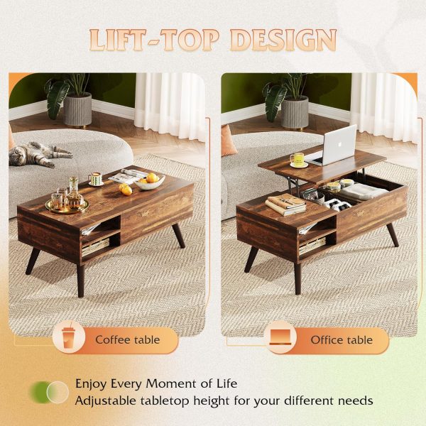 WLIVE Wood Lift Top Coffee Table with Hidden Compartment and Adjustable Storage Shelf, Lift Tabletop Dining Table for Home Living Room, Office, Rustic Oak - Image 6