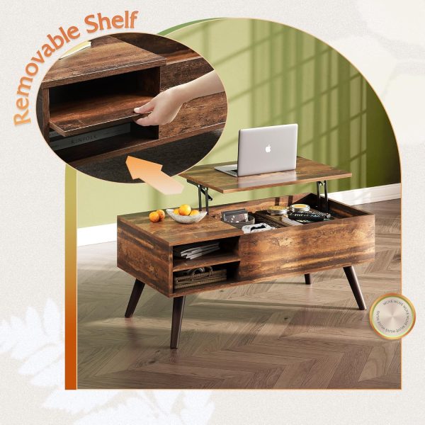 WLIVE Wood Lift Top Coffee Table with Hidden Compartment and Adjustable Storage Shelf, Lift Tabletop Dining Table for Home Living Room, Office, Rustic Oak - Image 8